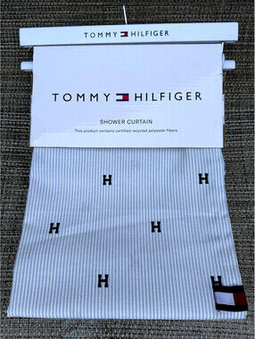 Tommy Hilfiger University Stripe Blue White Oxford Fabric Shower Curtain 72"x72"